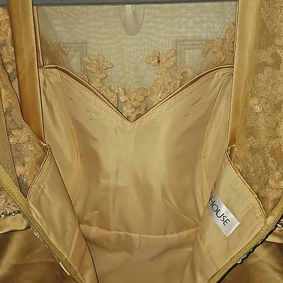 JJs House satin skirt delicate lace-embroidered bodice sheer short sleeves. - Picture 14 of 16